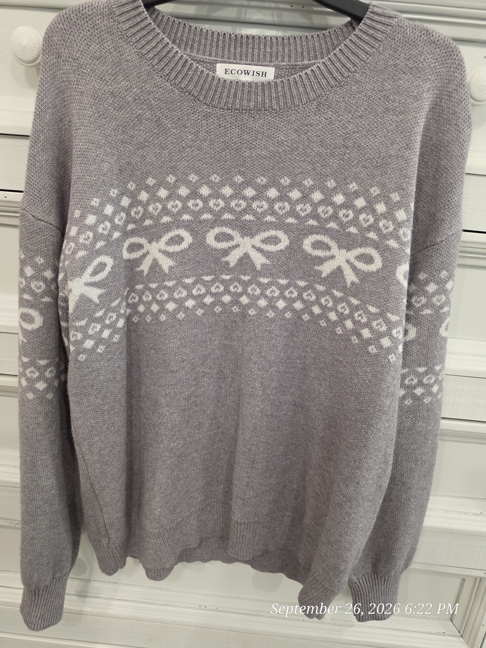 Grey Crewneck Sweater with White Bow Jacquard